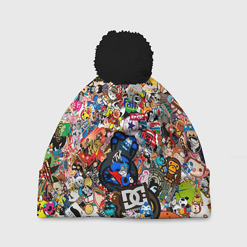 Шапка c помпоном Стикеры / 3D-Черный – фото 1