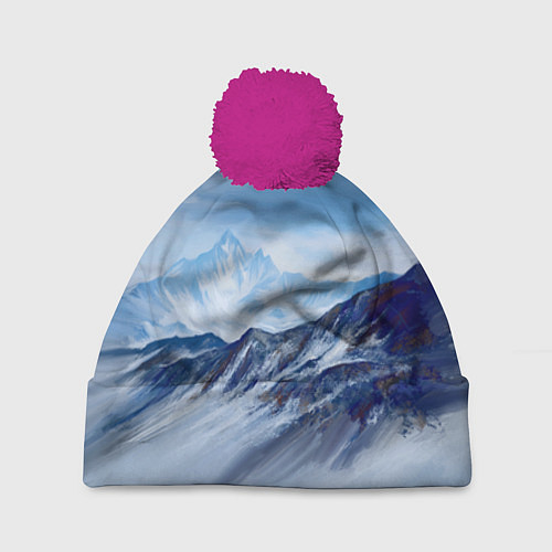Шапка c помпоном Серо-голубые горы / 3D-Малиновый – фото 1
