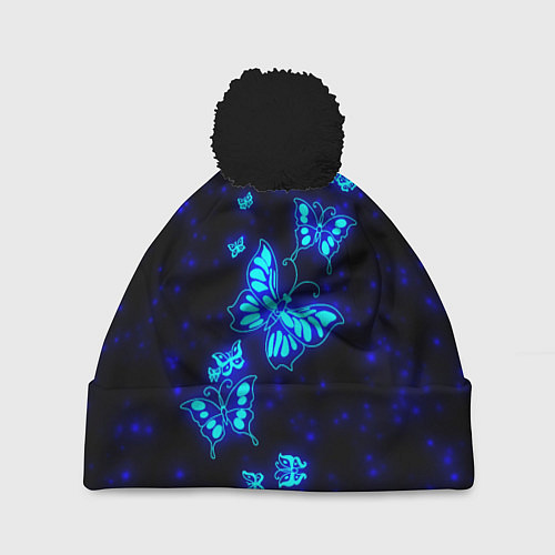 Шапка c помпоном Неоновые бабочки / 3D-Черный – фото 1