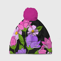 Шапка с помпоном Ночные цветы, цвет: 3D-малиновый