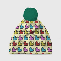 Шапка с помпоном Утиный фон Утки Ducks, цвет: 3D-зеленый