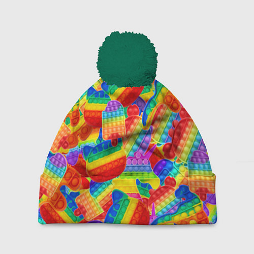 Шапка c помпоном Разные Pop It масляная краска / 3D-Зеленый – фото 1