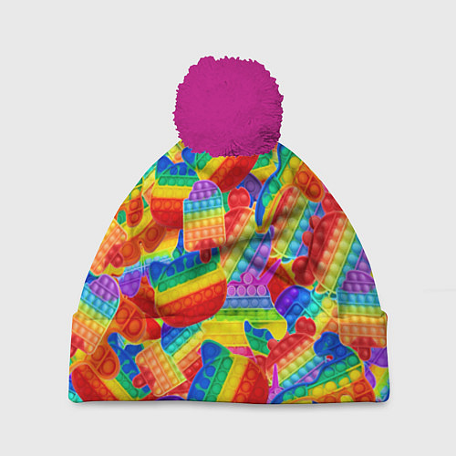 Шапка c помпоном Разные Pop It масляная краска / 3D-Малиновый – фото 1