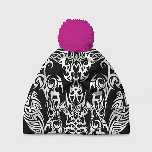 Шапка c помпоном ТАТУ ЧЕРНО БЕЛОЕ УЗОР / 3D-Малиновый – фото 1