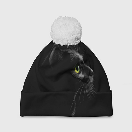 Шапка c помпоном Черный кот / 3D-Белый – фото 1