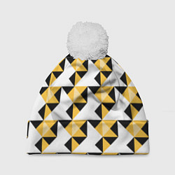 Шапка с помпоном Черно-желтый геометрический, цвет: 3D-белый