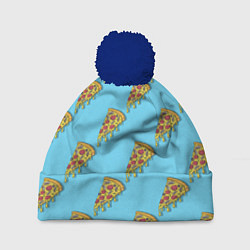 Шапка с помпоном Пицца паттерн на голубом, цвет: 3D-тёмно-синий