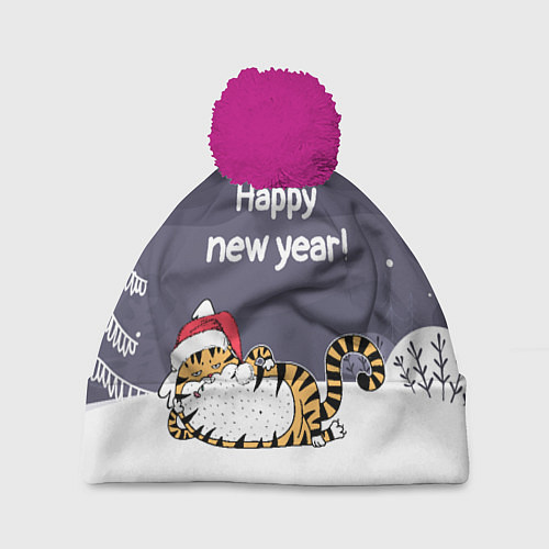 Шапка c помпоном Happy New Year 2022 Тигр / 3D-Малиновый – фото 1