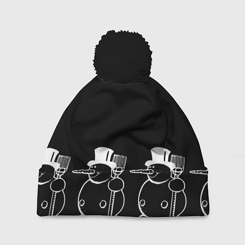 Шапка c помпоном Снеговик на черном фоне / 3D-Черный – фото 1