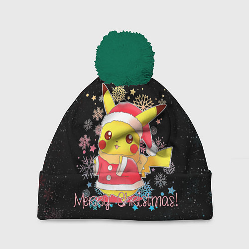 Шапка c помпоном MERRY CHRISTMAS ПИКАЧУ 2022 ПОКЕМОНЫ / 3D-Зеленый – фото 1