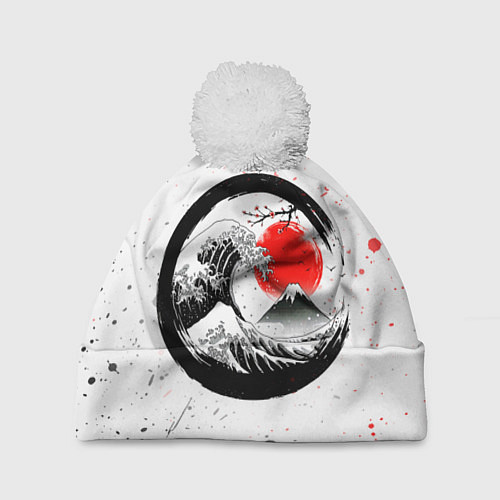 Шапка c помпоном САКУРА, КРАСНОЕ СОЛНЦЕ ЯПОНИИ, ФУДЗИЯМА / 3D-Белый – фото 1