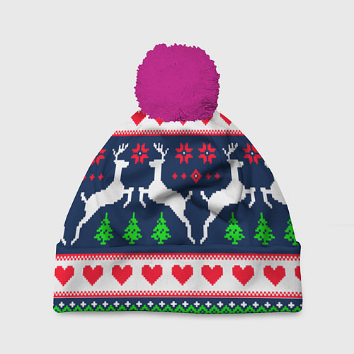 Шапка c помпоном Новогодние олени: узор / 3D-Малиновый – фото 1