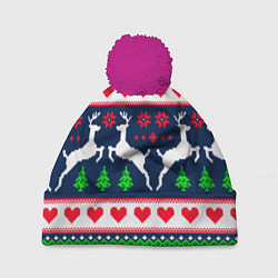 Шапка с помпоном Новогодние олени: узор, цвет: 3D-малиновый