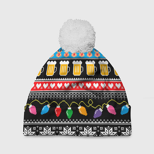 Шапка c помпоном Новогодний пивной узор / 3D-Белый – фото 1