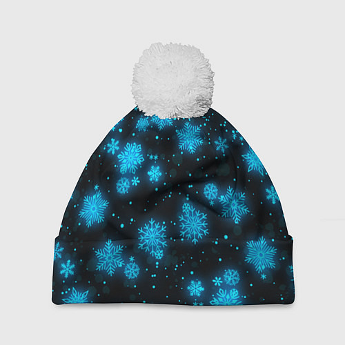Шапка c помпоном НОВОГОДНИЕ НЕОНОВЫЕ СНЕЖИНКИ 2022 НОВЫЙ ГОД / 3D-Белый – фото 1