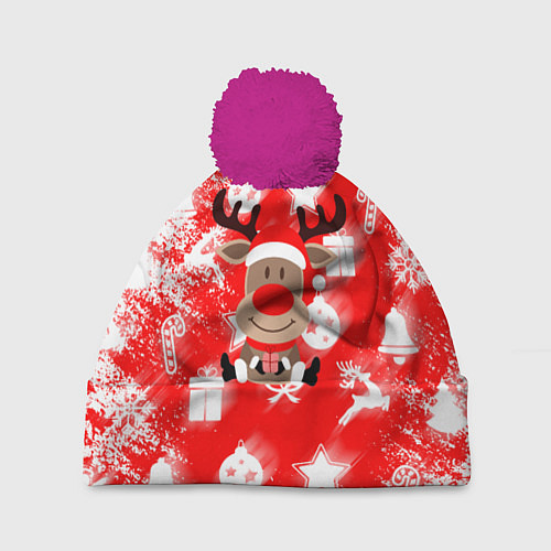 Шапка c помпоном Новый год в разгаре / 3D-Малиновый – фото 1