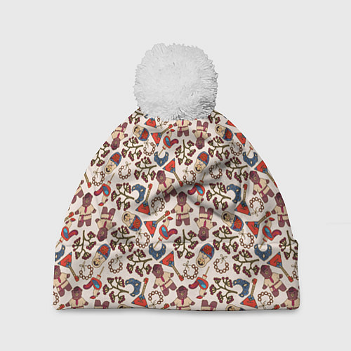 Шапка c помпоном Россия паттерн светлый / 3D-Белый – фото 1