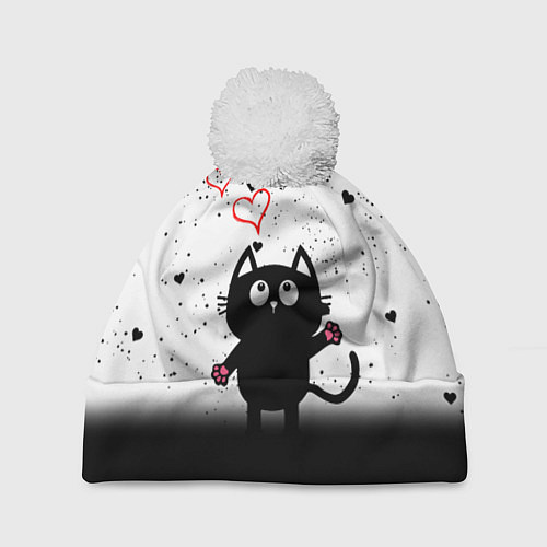 Шапка c помпоном Котик в тумане Сердечки / 3D-Белый – фото 1