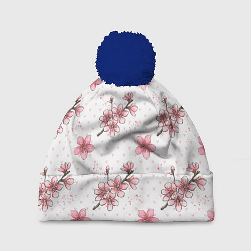 Шапка c помпоном Сакура паттерн / 3D-Тёмно-синий – фото 1