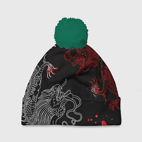 Шапка c помпоном Китайский дракон Красно - Белый / 3D-Зеленый – фото 1