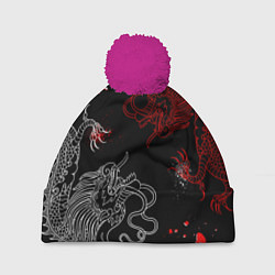 Шапка c помпоном Китайский дракон Красно - Белый