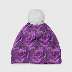 Шапка с помпоном Фиолетовые цветы паттерн, цвет: 3D-белый