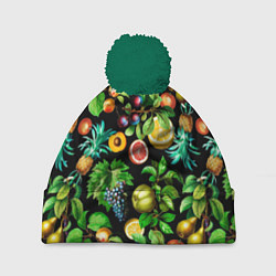 Шапка с помпоном Сочные фрукты - персик, груша, слива, ананас, цвет: 3D-зеленый