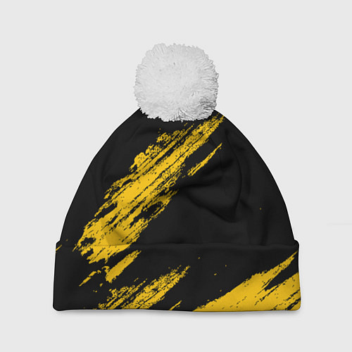 Шапка c помпоном BLACK AND YELLOW GRUNGE ГРАНЖ / 3D-Белый – фото 1