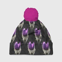 Шапка с помпоном Фиолетовые цветы - паттерн, цвет: 3D-малиновый