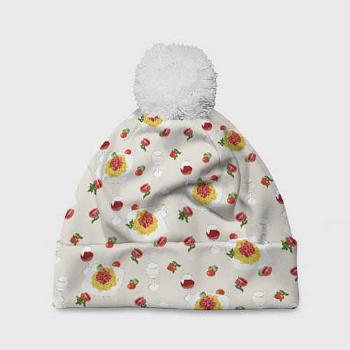 Шапка c помпоном Паста болоньезе / 3D-Белый – фото 1