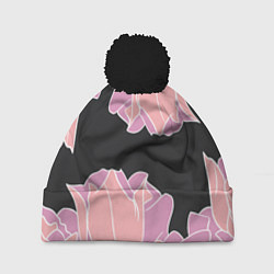 Шапка с помпоном Розовые цветы-кристаллы, цвет: 3D-черный
