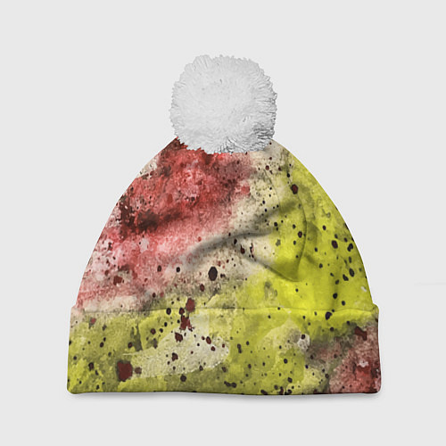 Шапка c помпоном Абстракция Гранж Желтый и бордовый / 3D-Белый – фото 1
