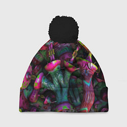 Шапка с помпоном Вот такие грибочки Pattern Психоделика, цвет: 3D-черный