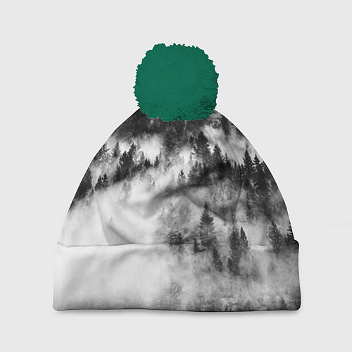 Шапка c помпоном Мрачный лес - туман / 3D-Зеленый – фото 1