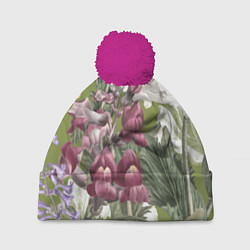 Шапка с помпоном Цветы Ностальгический Весенний Узор, цвет: 3D-малиновый