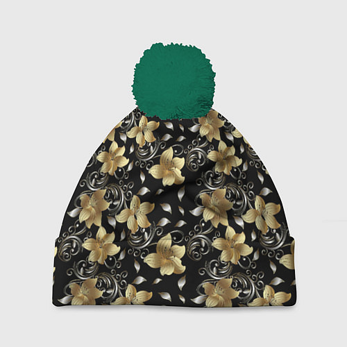 Шапка c помпоном Золотые цветы на черном фоне / 3D-Зеленый – фото 1