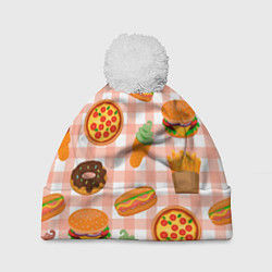 Шапка c помпоном PIZZA DONUT BURGER FRIES ICE CREAM pattern