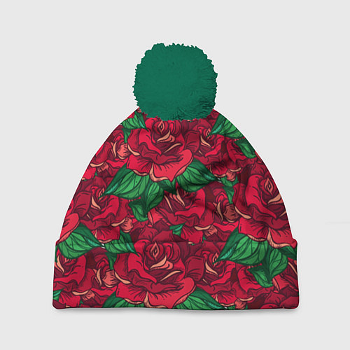 Шапка c помпоном Цветы Много Красных Роз / 3D-Зеленый – фото 1
