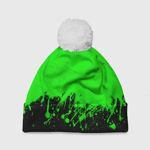 Шапка c помпоном САЛАТОВЫЕ НЕОНОВЫЕ БРЫЗГИ КРАСКИ / 3D-Белый – фото 1