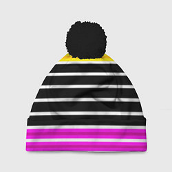 Шапка с помпоном Желтые розовые и черные полосы на белом, цвет: 3D-черный