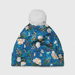 Шапка с помпоном Цветы Синий Сад, цвет: 3D-белый