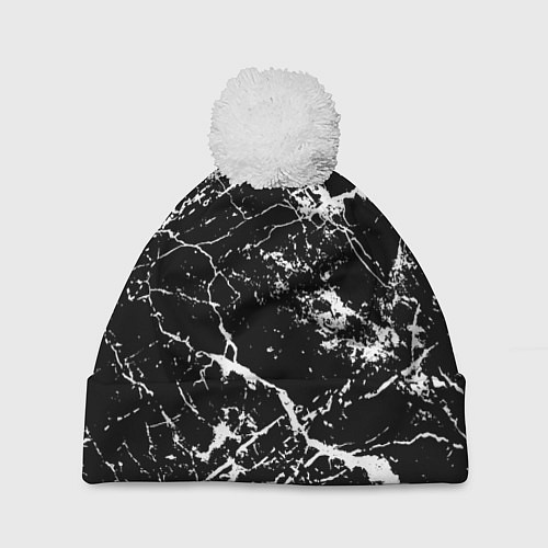 Шапка c помпоном Текстура чёрного мрамора Texture of black marble / 3D-Белый – фото 1
