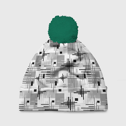 Шапка c помпоном Черно белый ретро геометрический узор / 3D-Зеленый – фото 1