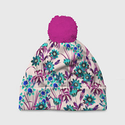 Шапка с помпоном Цветы Летние Фиолетовые Рудбеки, цвет: 3D-малиновый