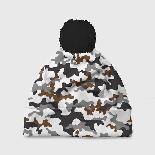 Шапка c помпоном Камуфляж Чёрно-Белый Camouflage Black-White / 3D-Черный – фото 1