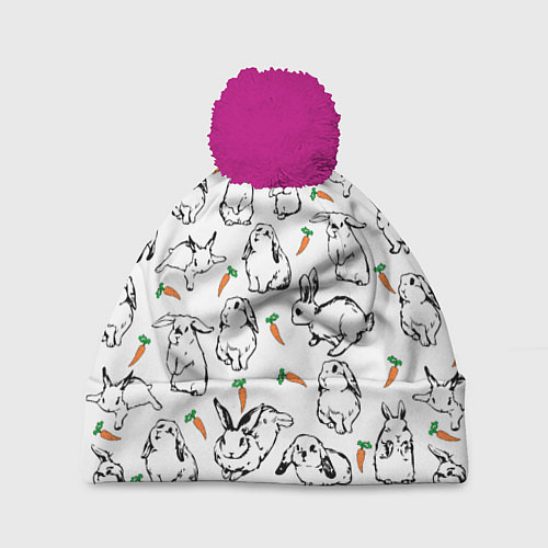 Шапка c помпоном Зайцы с морковками / 3D-Малиновый – фото 1