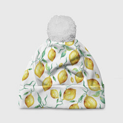 Шапка с помпоном Лимоны Нарисованные Акварелью, цвет: 3D-белый
