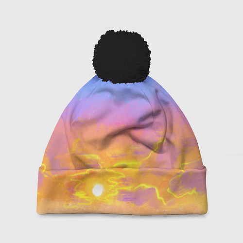 Шапка c помпоном Закатное небо и звезды / 3D-Черный – фото 1
