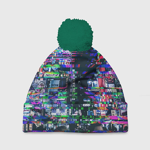 Шапка c помпоном Ночной город - glitch / 3D-Зеленый – фото 1