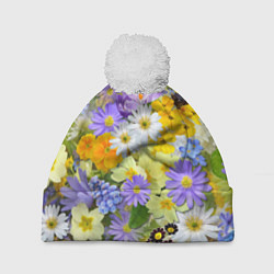 Шапка с помпоном Цветочная летняя поляна, цвет: 3D-белый